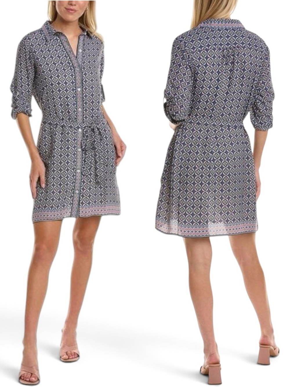 Max Studio Geometric Print Shirtdress | Medium | NWOT Tie Waist Navy